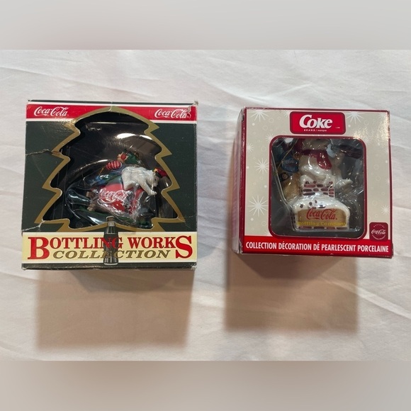 Lot Of 2 Coca Cola Christmas Ornaments 2003 Pearlescent Porcelain Bottle Works - Picture 1 of 16